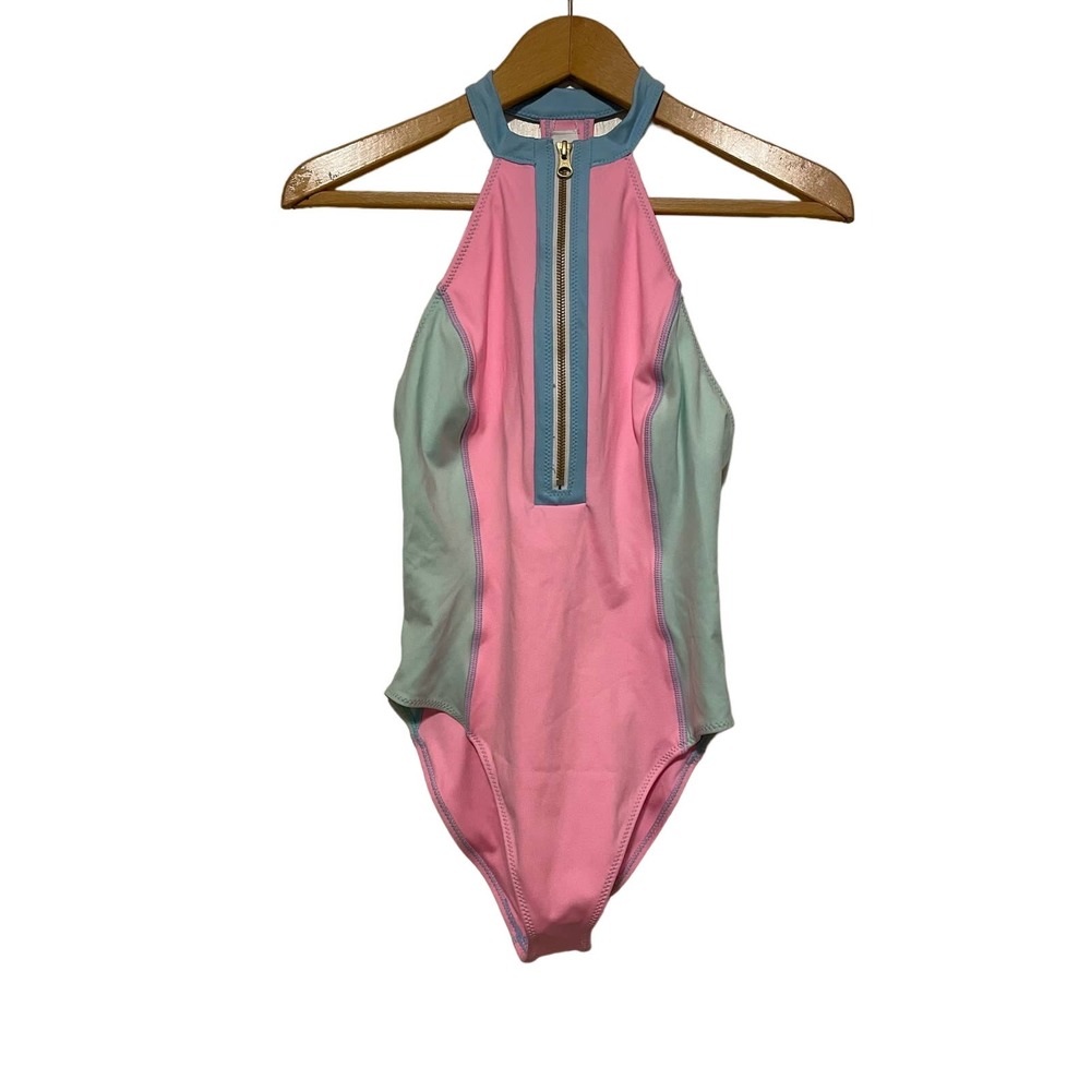 High-Neck Pink & Mint One-Piece Swimsuit with Front Zip